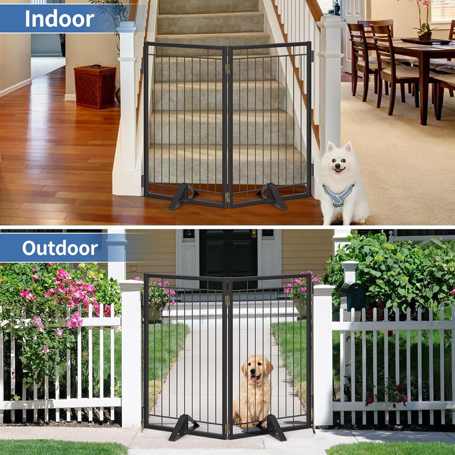 Full Metal Freestanding Dog Gate with Cat Door for Indoor & Outdoor,36" Tall Foldable Dog Fence,80" Extra Wide Free Standing Pet Gate for Large Openings,Stairs,Deck,Yard,Doorways(Black)