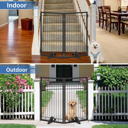 Full Metal Freestanding Dog Gate with Cat Door for Indoor & Outdoor,36" Tall Foldable Dog Fence,80" Extra Wide Free Standing Pet Gate for Large Openings,Stairs,Deck,Yard,Doorways(Black)