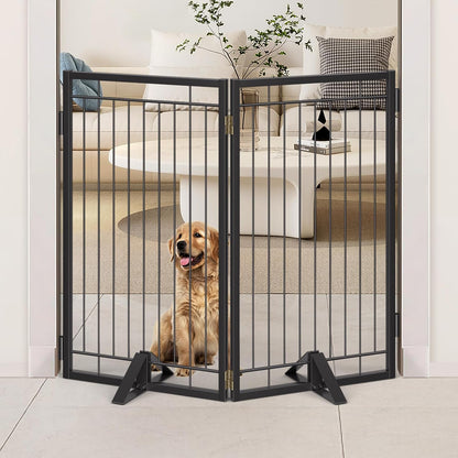 Full Metal Freestanding Dog Gate with Cat Door for Indoor & Outdoor,36" Tall Foldable Dog Fence,80" Extra Wide Free Standing Pet Gate for Large Openings,Stairs,Deck,Yard,Doorways(Black)
