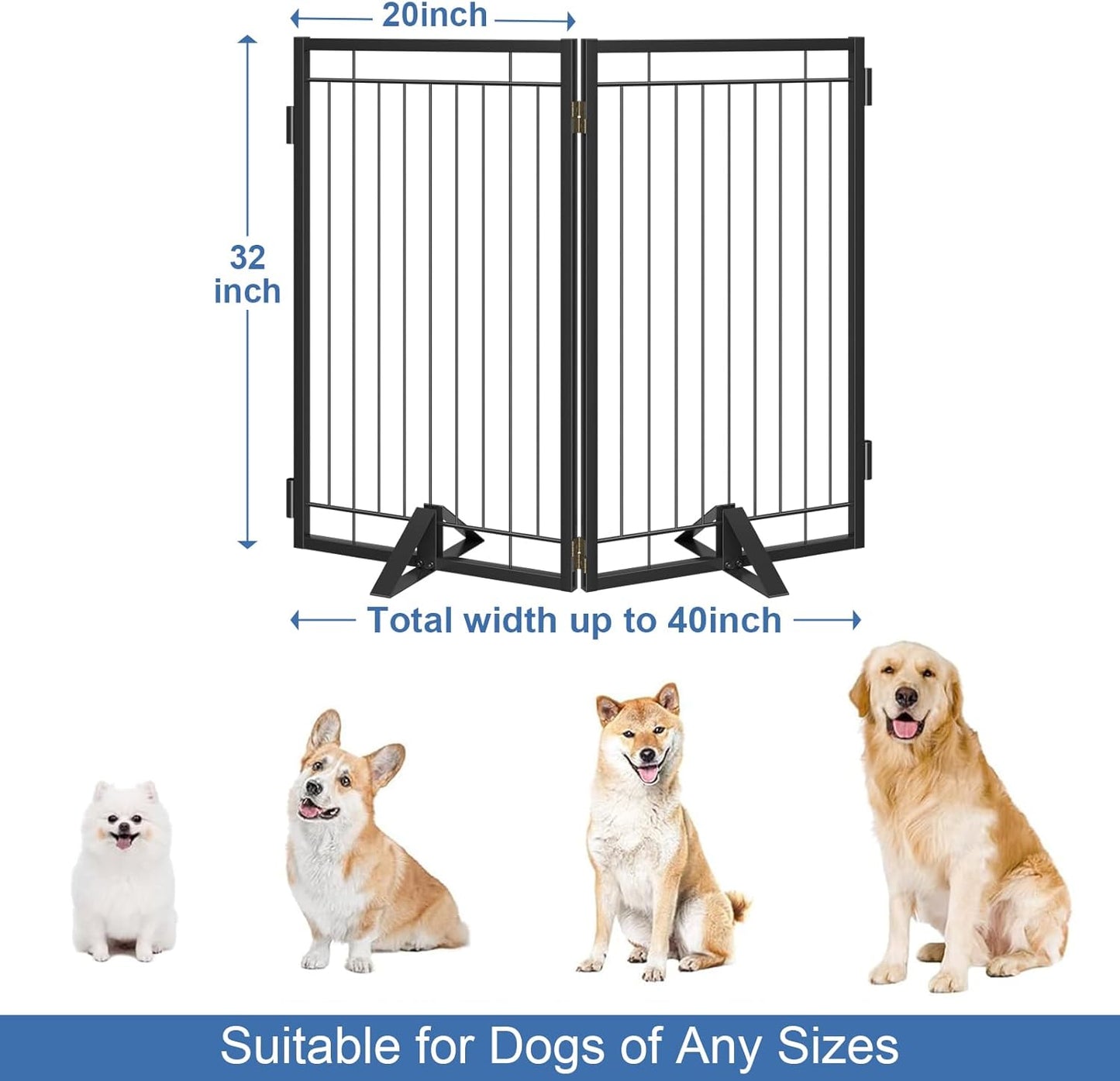 Full Metal Freestanding Dog Gate with Cat Door for Indoor & Outdoor,36" Tall Foldable Dog Fence,80" Extra Wide Free Standing Pet Gate for Large Openings,Stairs,Deck,Yard,Doorways(Black)