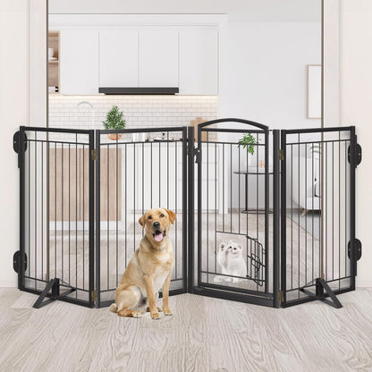 Full Metal Freestanding Dog Gate with Cat Door for Indoor & Outdoor,36" Tall Foldable Dog Fence,80" Extra Wide Free Standing Pet Gate for Large Openings,Stairs,Deck,Yard,Doorways(Black)