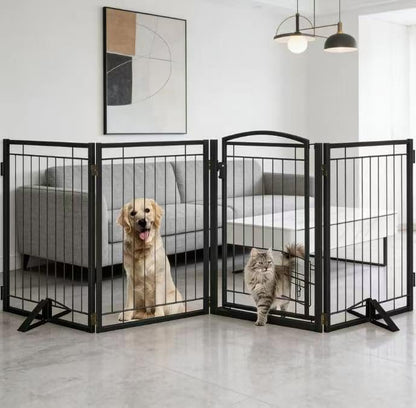 Full Metal Freestanding Dog Gate with Cat Door for Indoor & Outdoor,36" Tall Foldable Dog Fence,80" Extra Wide Free Standing Pet Gate for Large Openings,Stairs,Deck,Yard,Doorways(Black)