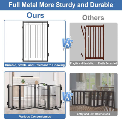 Full Metal Freestanding Dog Gate with Cat Door for Indoor & Outdoor,36" Tall Foldable Dog Fence,80" Extra Wide Free Standing Pet Gate for Large Openings,Stairs,Deck,Yard,Doorways(Black)