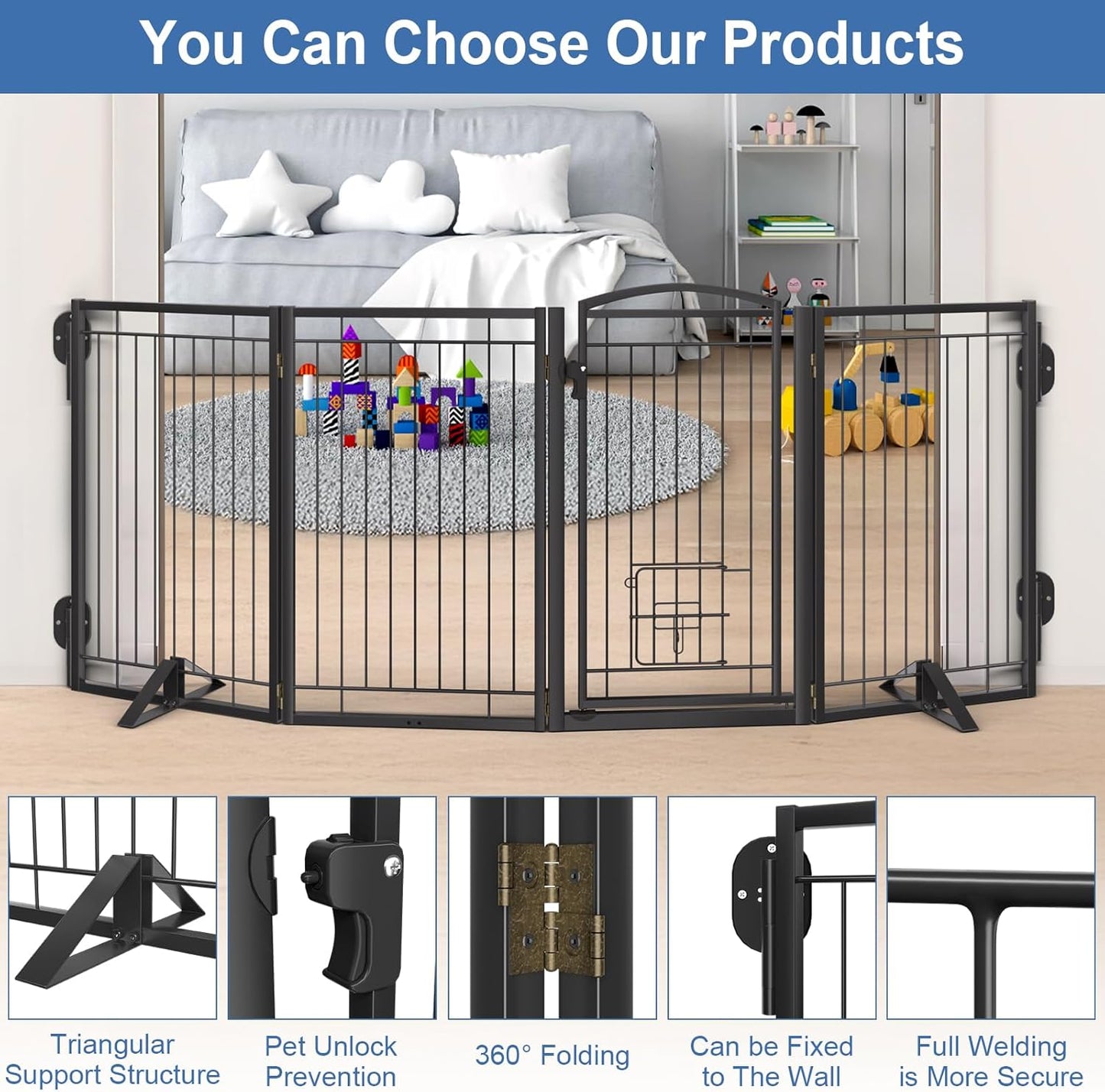 Full Metal Freestanding Dog Gate with Cat Door for Indoor & Outdoor,36" Tall Foldable Dog Fence,80" Extra Wide Free Standing Pet Gate for Large Openings,Stairs,Deck,Yard,Doorways(Black)