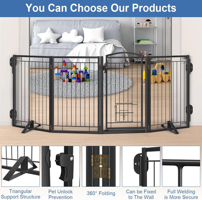 Full Metal Freestanding Dog Gate with Cat Door for Indoor & Outdoor,36" Tall Foldable Dog Fence,80" Extra Wide Free Standing Pet Gate for Large Openings,Stairs,Deck,Yard,Doorways(Black)