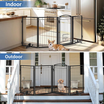 Full Metal Freestanding Dog Gate with Cat Door for Indoor & Outdoor,36" Tall Foldable Dog Fence,80" Extra Wide Free Standing Pet Gate for Large Openings,Stairs,Deck,Yard,Doorways(Black)