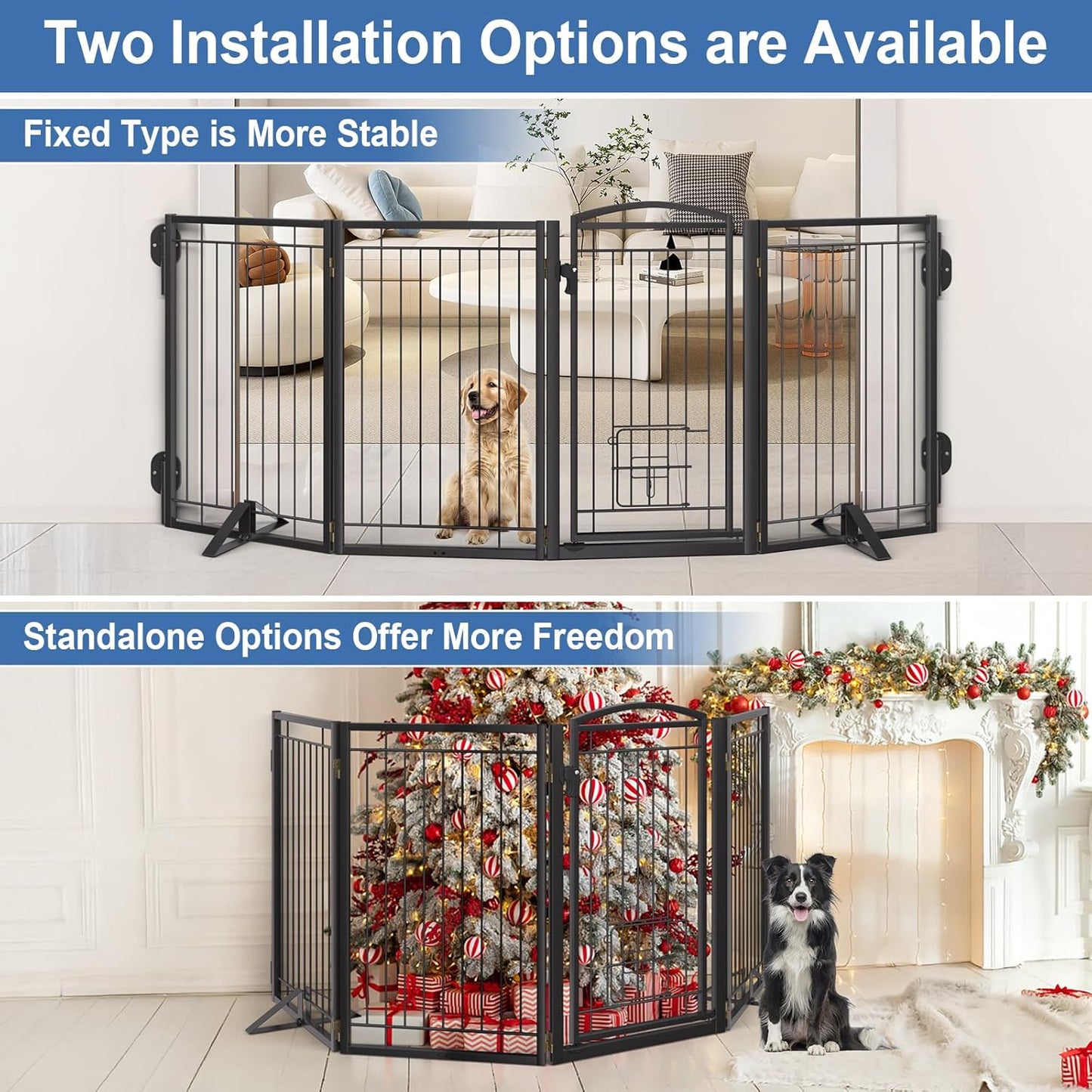 Full Metal Freestanding Dog Gate with Cat Door for Indoor & Outdoor,36" Tall Foldable Dog Fence,80" Extra Wide Free Standing Pet Gate for Large Openings,Stairs,Deck,Yard,Doorways(Black)