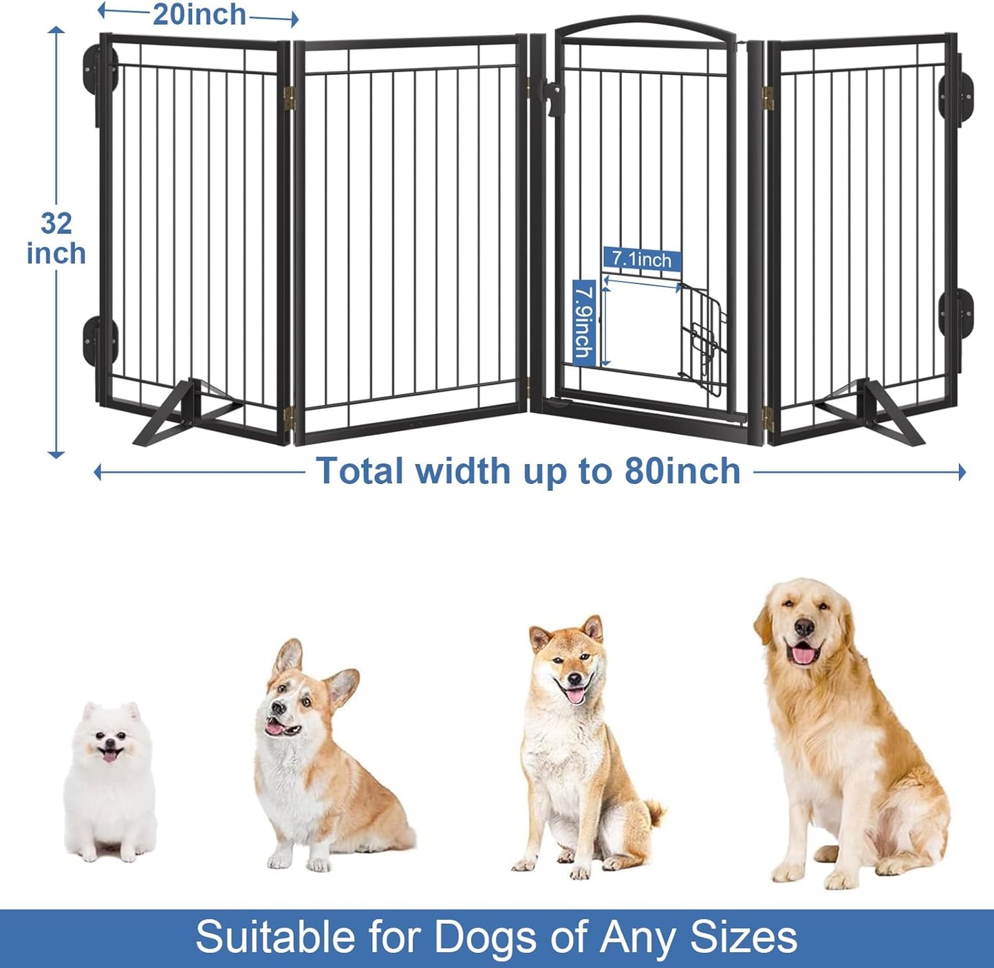 Full Metal Freestanding Dog Gate with Cat Door for Indoor & Outdoor,36" Tall Foldable Dog Fence,80" Extra Wide Free Standing Pet Gate for Large Openings,Stairs,Deck,Yard,Doorways(Black)