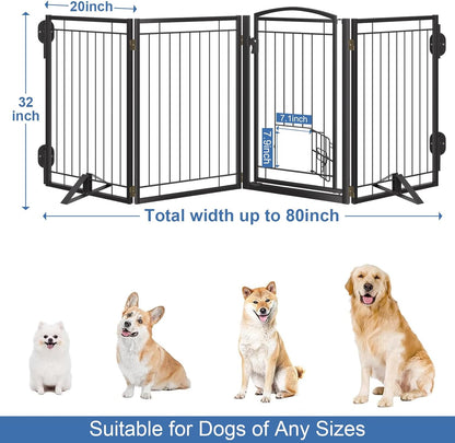 Full Metal Freestanding Dog Gate with Cat Door for Indoor & Outdoor,36" Tall Foldable Dog Fence,80" Extra Wide Free Standing Pet Gate for Large Openings,Stairs,Deck,Yard,Doorways(Black)