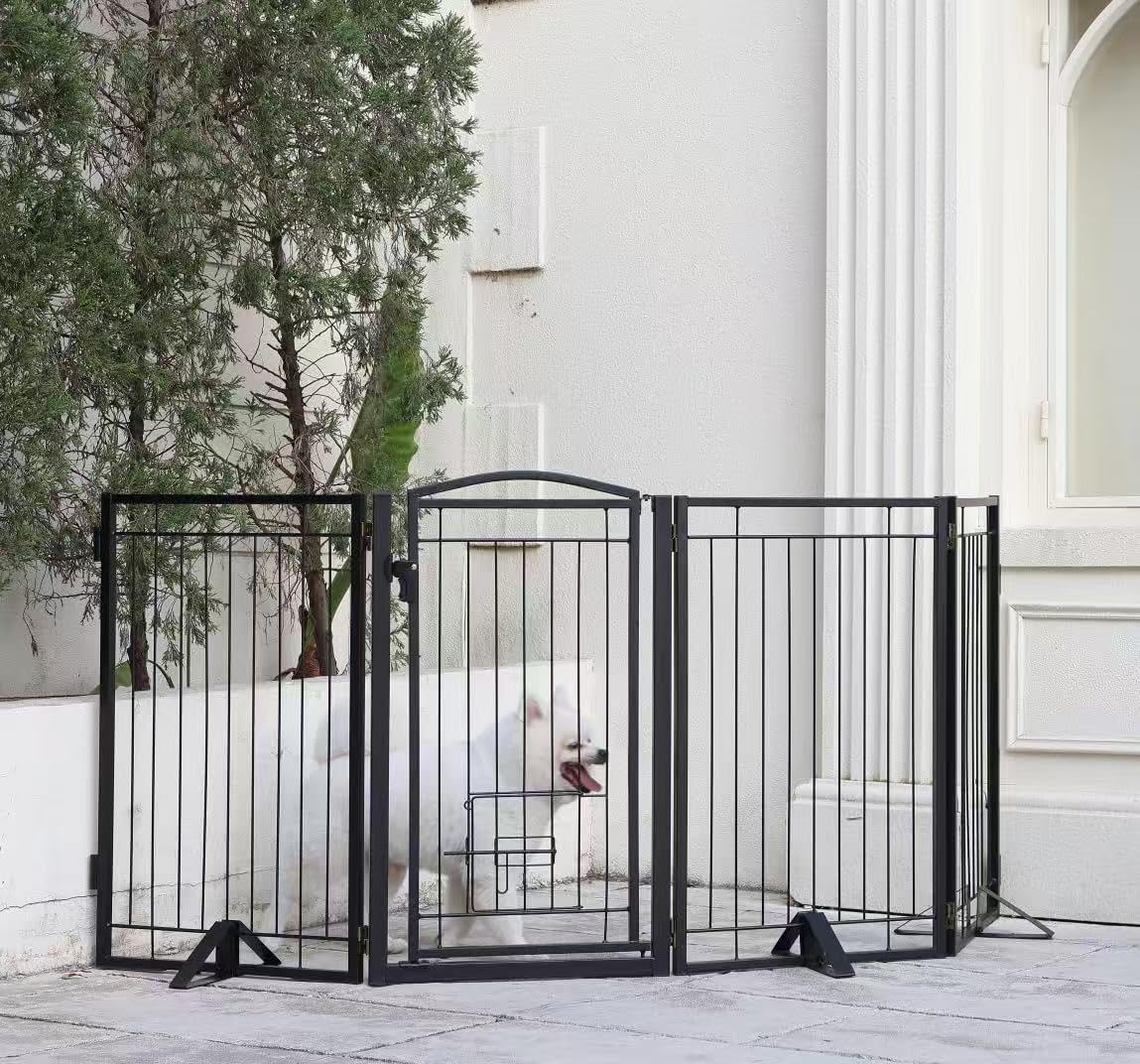 Full Metal Freestanding Dog Gate with Cat Door for Indoor & Outdoor,36" Tall Foldable Dog Fence,80" Extra Wide Free Standing Pet Gate for Large Openings,Stairs,Deck,Yard,Doorways(Black)