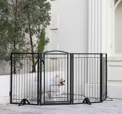 Full Metal Freestanding Dog Gate with Cat Door for Indoor & Outdoor,36" Tall Foldable Dog Fence,80" Extra Wide Free Standing Pet Gate for Large Openings,Stairs,Deck,Yard,Doorways(Black)