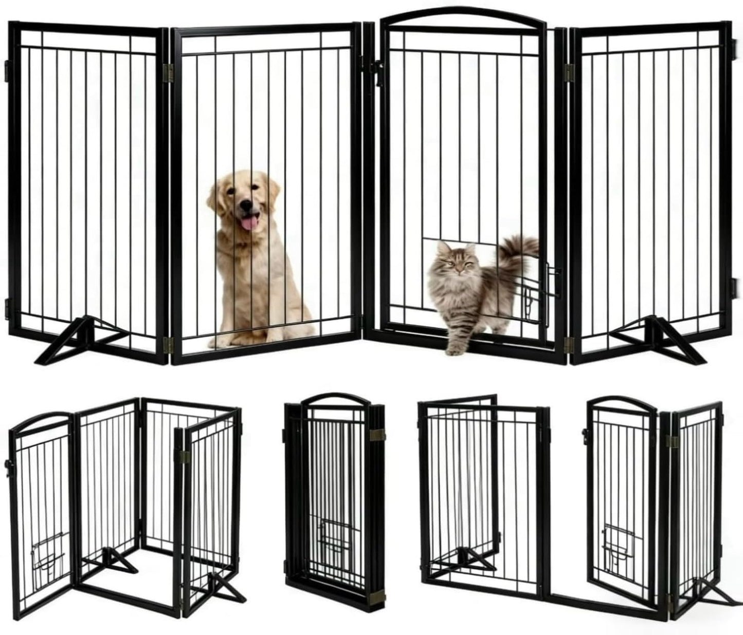 Full Metal Freestanding Dog Gate with Cat Door for Indoor & Outdoor,36" Tall Foldable Dog Fence,80" Extra Wide Free Standing Pet Gate for Large Openings,Stairs,Deck,Yard,Doorways(Black)
