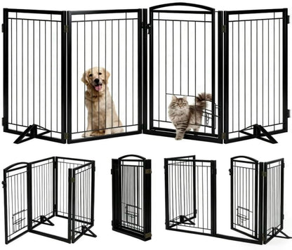 Full Metal Freestanding Dog Gate with Cat Door for Indoor & Outdoor,36" Tall Foldable Dog Fence,80" Extra Wide Free Standing Pet Gate for Large Openings,Stairs,Deck,Yard,Doorways(Black)