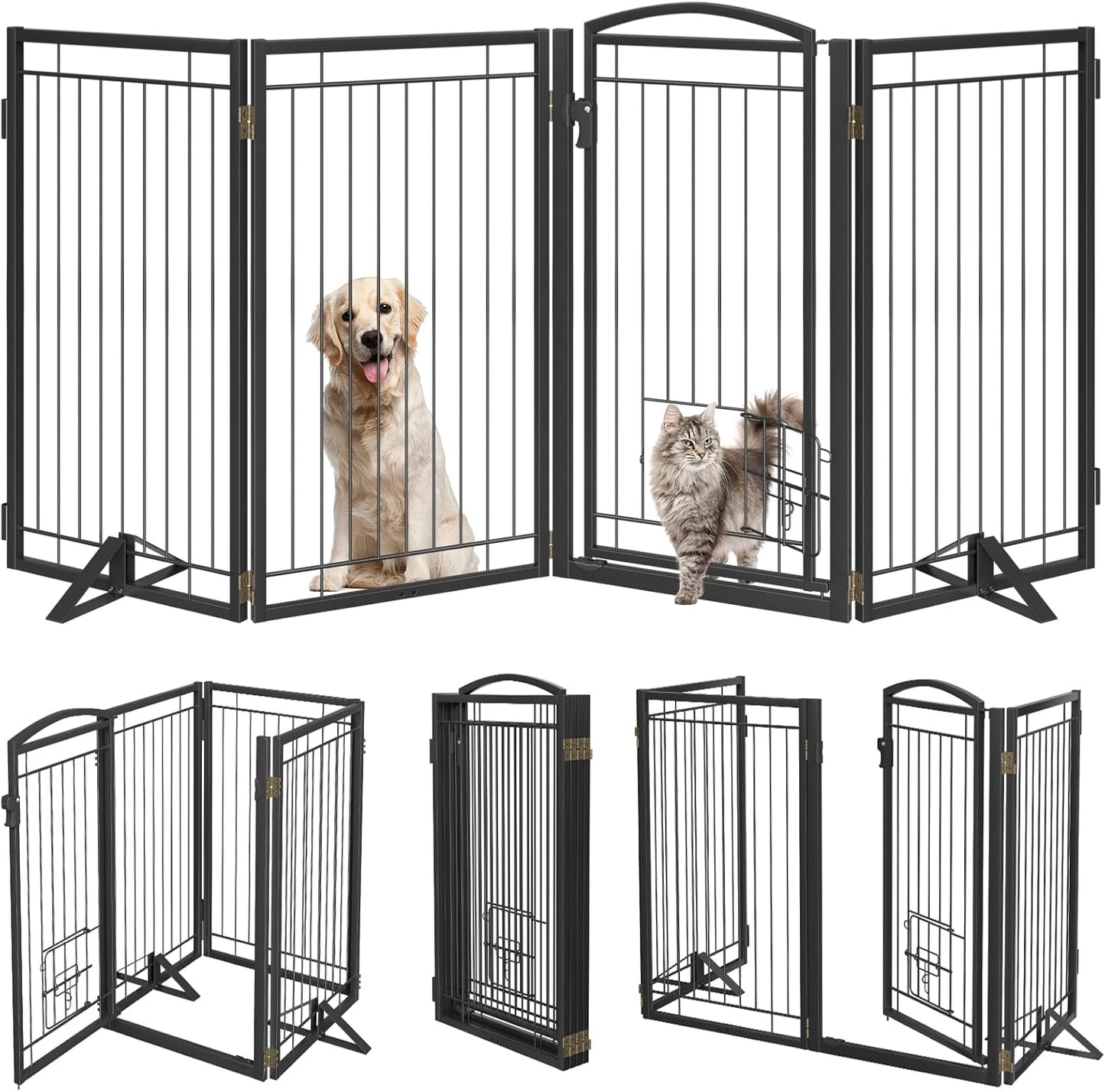 Full Metal Freestanding Dog Gate with Cat Door for Indoor & Outdoor,36" Tall Foldable Dog Fence,80" Extra Wide Free Standing Pet Gate for Large Openings,Stairs,Deck,Yard,Doorways(Black)