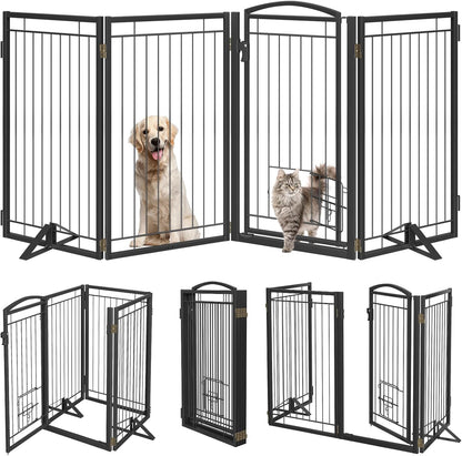 Full Metal Freestanding Dog Gate with Cat Door for Indoor & Outdoor,36" Tall Foldable Dog Fence,80" Extra Wide Free Standing Pet Gate for Large Openings,Stairs,Deck,Yard,Doorways(Black)