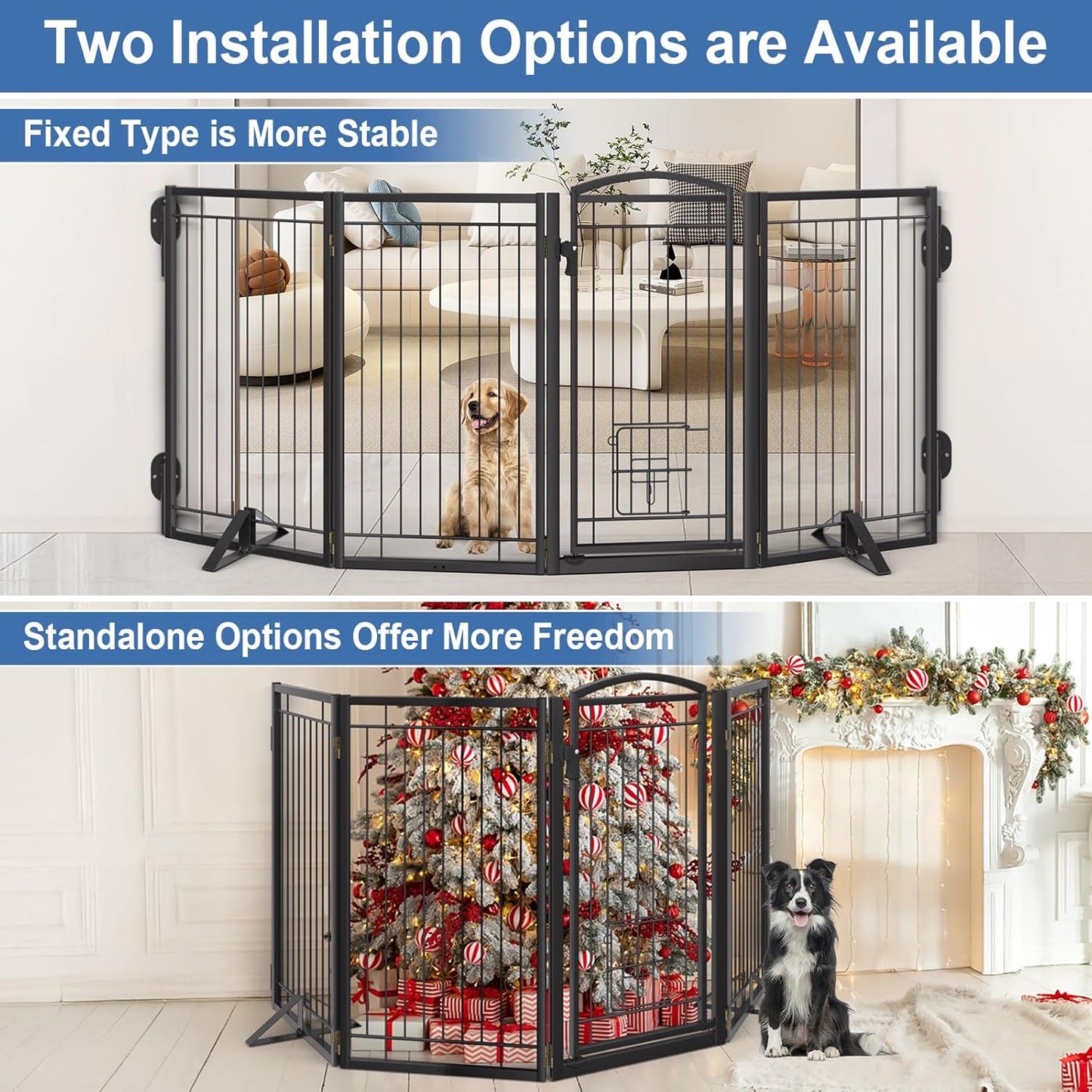 Full Metal Freestanding Dog Gate with Cat Door for Indoor & Outdoor,36" Tall Foldable Dog Fence,80" Extra Wide Free Standing Pet Gate for Large Openings,Stairs,Deck,Yard,Doorways(Black)