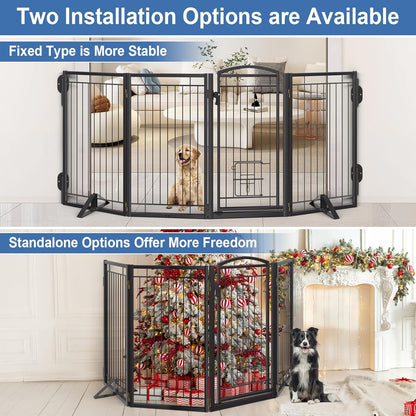 Full Metal Freestanding Dog Gate with Cat Door for Indoor & Outdoor,36" Tall Foldable Dog Fence,80" Extra Wide Free Standing Pet Gate for Large Openings,Stairs,Deck,Yard,Doorways(Black)