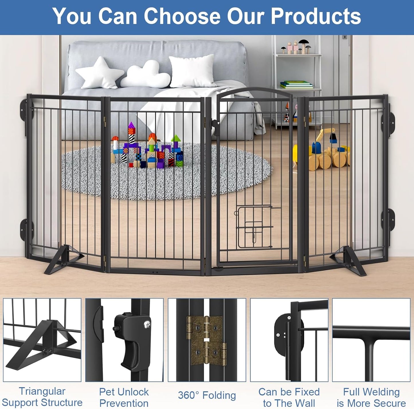 Full Metal Freestanding Dog Gate with Cat Door for Indoor & Outdoor,36" Tall Foldable Dog Fence,80" Extra Wide Free Standing Pet Gate for Large Openings,Stairs,Deck,Yard,Doorways(Black)