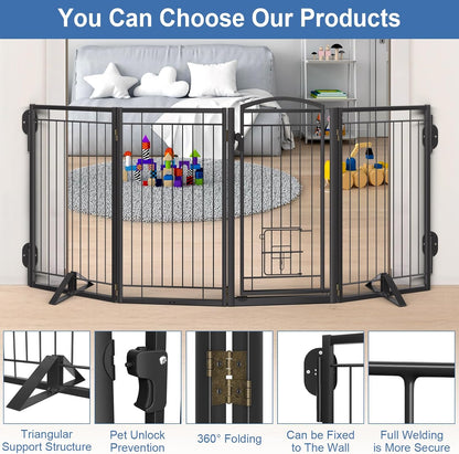 Full Metal Freestanding Dog Gate with Cat Door for Indoor & Outdoor,36" Tall Foldable Dog Fence,80" Extra Wide Free Standing Pet Gate for Large Openings,Stairs,Deck,Yard,Doorways(Black)