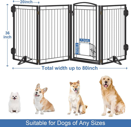 Full Metal Freestanding Dog Gate with Cat Door for Indoor & Outdoor,36" Tall Foldable Dog Fence,80" Extra Wide Free Standing Pet Gate for Large Openings,Stairs,Deck,Yard,Doorways(Black)