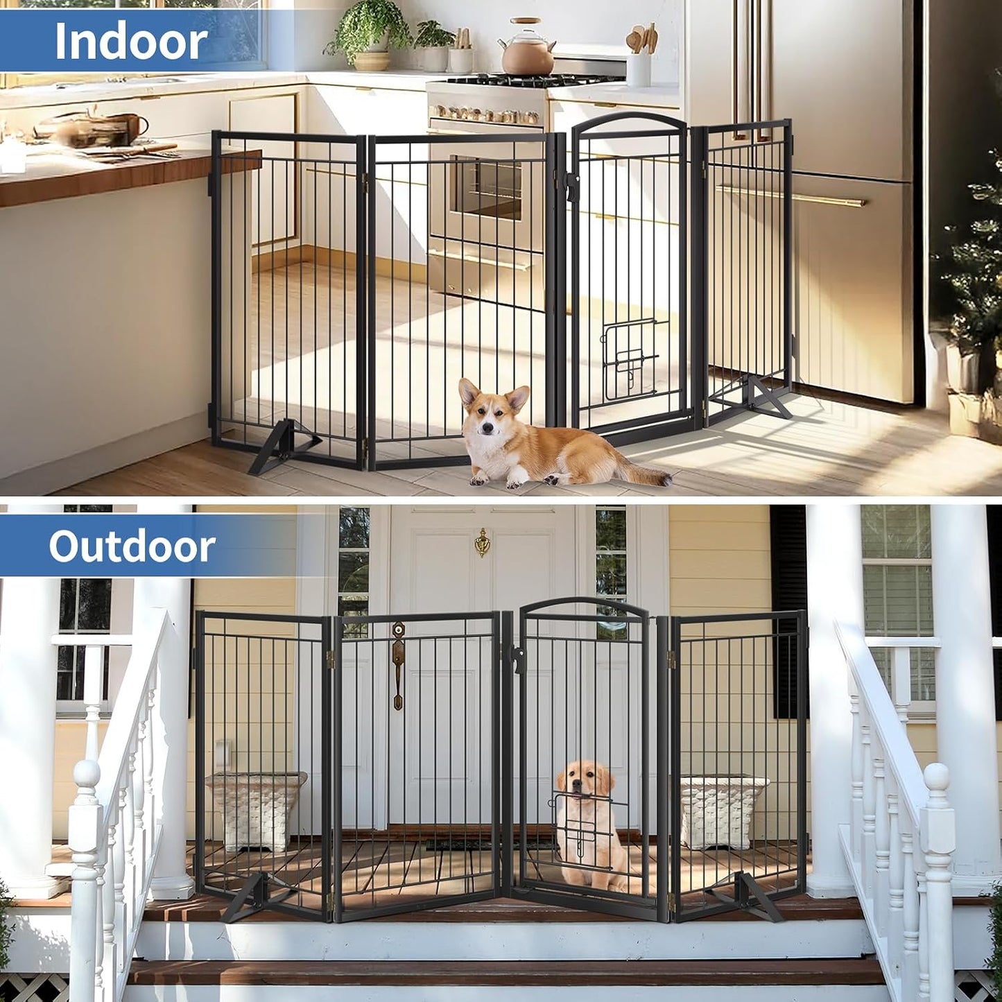 Full Metal Freestanding Dog Gate with Cat Door for Indoor & Outdoor,36" Tall Foldable Dog Fence,80" Extra Wide Free Standing Pet Gate for Large Openings,Stairs,Deck,Yard,Doorways(Black)