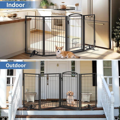 Full Metal Freestanding Dog Gate with Cat Door for Indoor & Outdoor,36" Tall Foldable Dog Fence,80" Extra Wide Free Standing Pet Gate for Large Openings,Stairs,Deck,Yard,Doorways(Black)