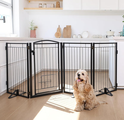 Full Metal Freestanding Dog Gate with Cat Door for Indoor & Outdoor,36" Tall Foldable Dog Fence,80" Extra Wide Free Standing Pet Gate for Large Openings,Stairs,Deck,Yard,Doorways(Black)