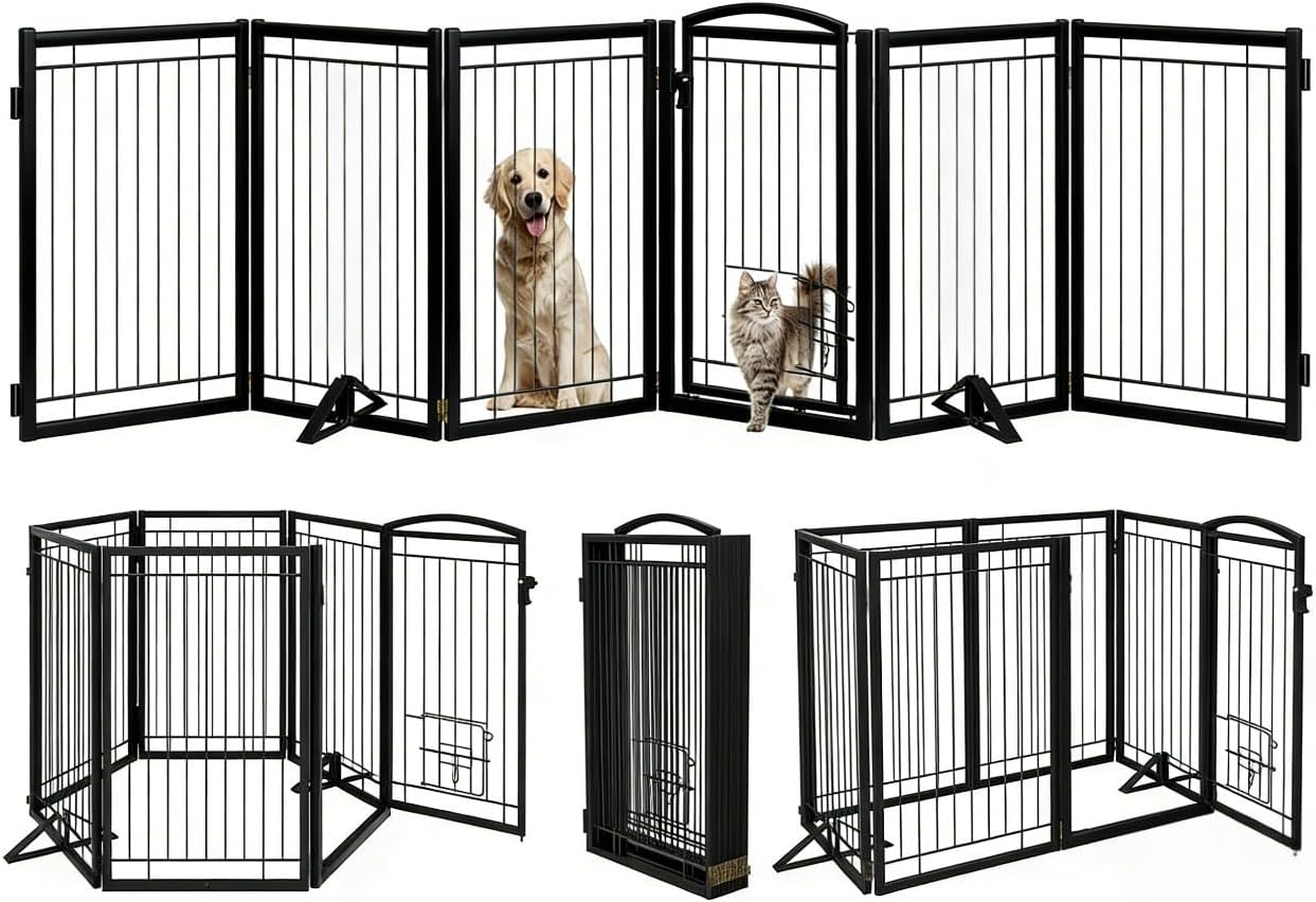 Full Metal Freestanding Dog Gate with Cat Door for Indoor & Outdoor,36" Tall Foldable Dog Fence,80" Extra Wide Free Standing Pet Gate for Large Openings,Stairs,Deck,Yard,Doorways(Black)