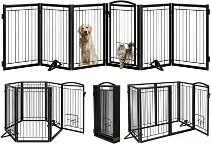 Full Metal Freestanding Dog Gate with Cat Door for Indoor & Outdoor,36" Tall Foldable Dog Fence,80" Extra Wide Free Standing Pet Gate for Large Openings,Stairs,Deck,Yard,Doorways(Black)