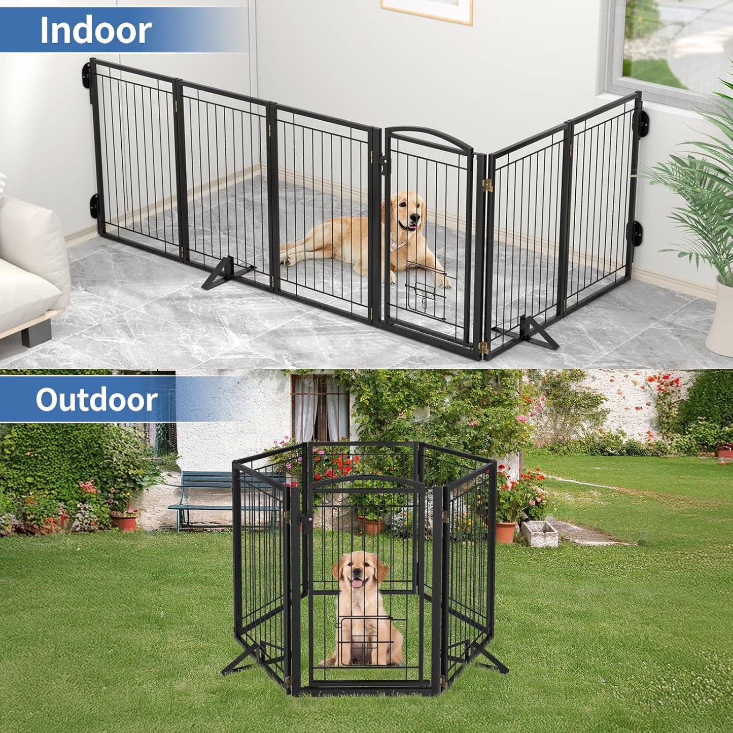 Full Metal Freestanding Dog Gate with Cat Door for Indoor & Outdoor,36" Tall Foldable Dog Fence,80" Extra Wide Free Standing Pet Gate for Large Openings,Stairs,Deck,Yard,Doorways(Black)