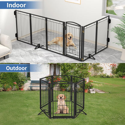 Full Metal Freestanding Dog Gate with Cat Door for Indoor & Outdoor,36" Tall Foldable Dog Fence,80" Extra Wide Free Standing Pet Gate for Large Openings,Stairs,Deck,Yard,Doorways(Black)