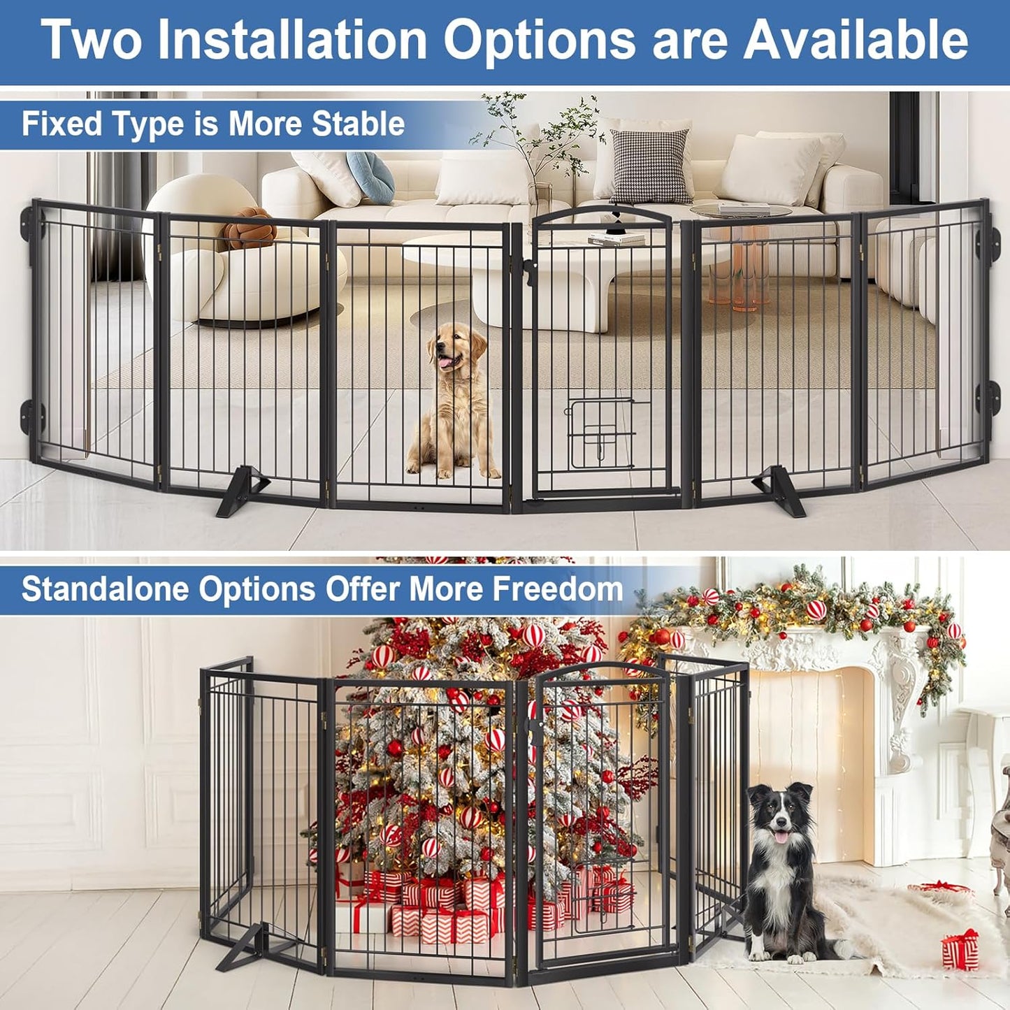 Full Metal Freestanding Dog Gate with Cat Door for Indoor & Outdoor,36" Tall Foldable Dog Fence,80" Extra Wide Free Standing Pet Gate for Large Openings,Stairs,Deck,Yard,Doorways(Black)