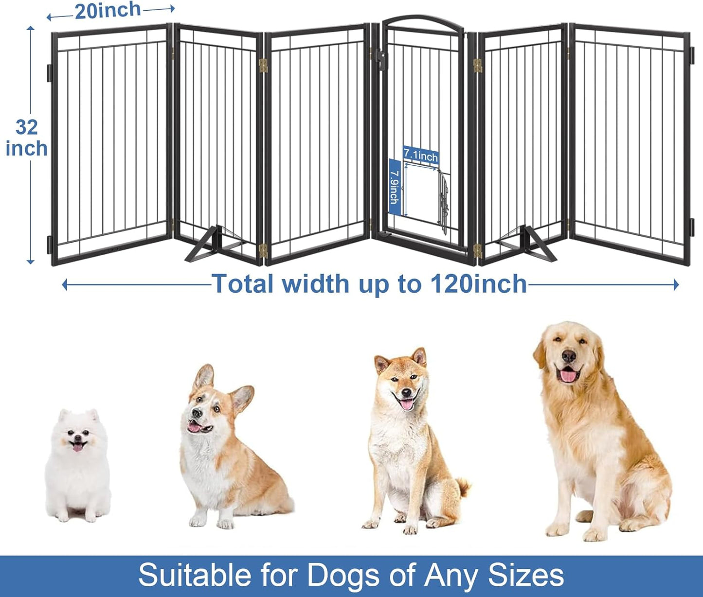 Full Metal Freestanding Dog Gate with Cat Door for Indoor & Outdoor,36" Tall Foldable Dog Fence,80" Extra Wide Free Standing Pet Gate for Large Openings,Stairs,Deck,Yard,Doorways(Black)