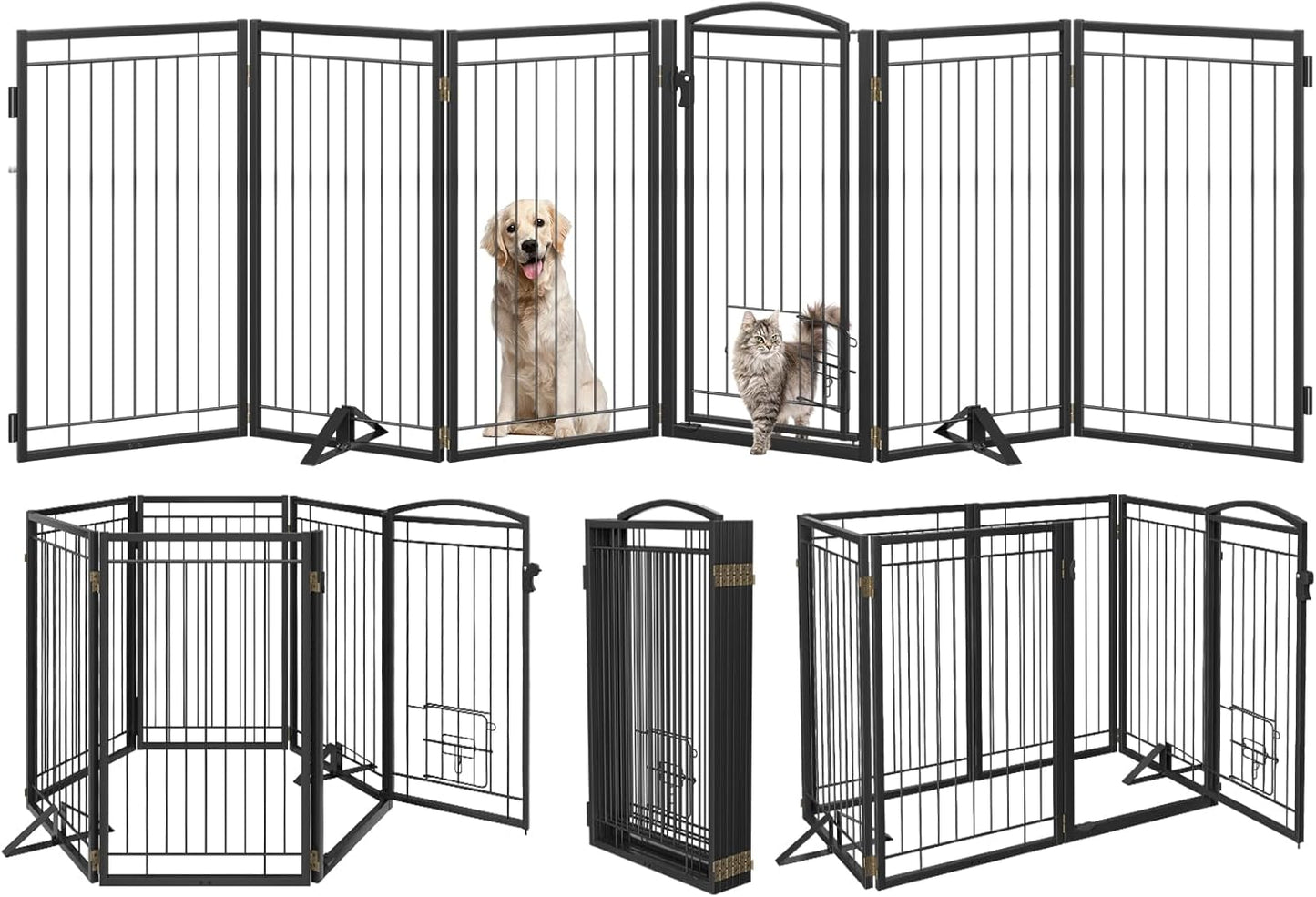 Full Metal Freestanding Dog Gate with Cat Door for Indoor & Outdoor,36" Tall Foldable Dog Fence,80" Extra Wide Free Standing Pet Gate for Large Openings,Stairs,Deck,Yard,Doorways(Black)