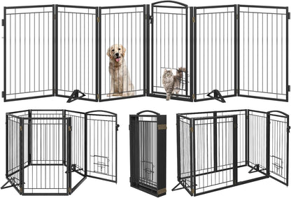 Full Metal Freestanding Dog Gate with Cat Door for Indoor & Outdoor,36" Tall Foldable Dog Fence,80" Extra Wide Free Standing Pet Gate for Large Openings,Stairs,Deck,Yard,Doorways(Black)