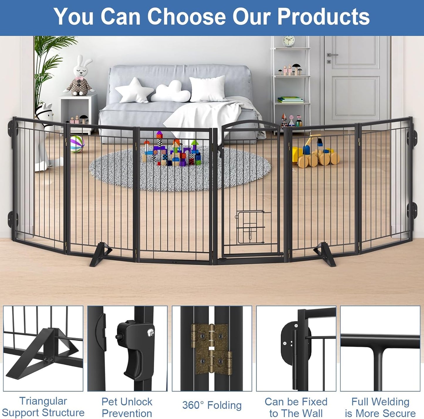 Full Metal Freestanding Dog Gate with Cat Door for Indoor & Outdoor,36" Tall Foldable Dog Fence,80" Extra Wide Free Standing Pet Gate for Large Openings,Stairs,Deck,Yard,Doorways(Black)