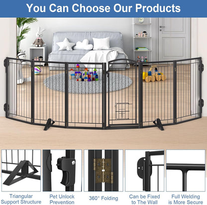 Full Metal Freestanding Dog Gate with Cat Door for Indoor & Outdoor,36" Tall Foldable Dog Fence,80" Extra Wide Free Standing Pet Gate for Large Openings,Stairs,Deck,Yard,Doorways(Black)