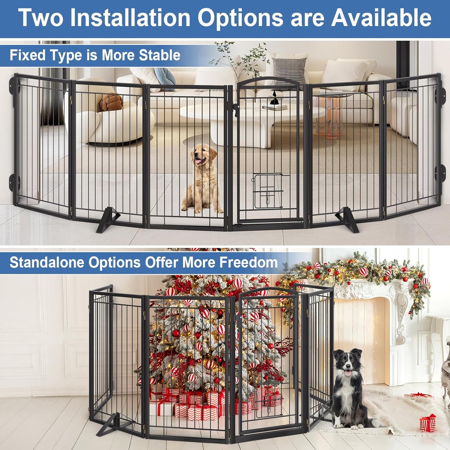 Full Metal Freestanding Dog Gate with Cat Door for Indoor & Outdoor,36" Tall Foldable Dog Fence,80" Extra Wide Free Standing Pet Gate for Large Openings,Stairs,Deck,Yard,Doorways(Black)
