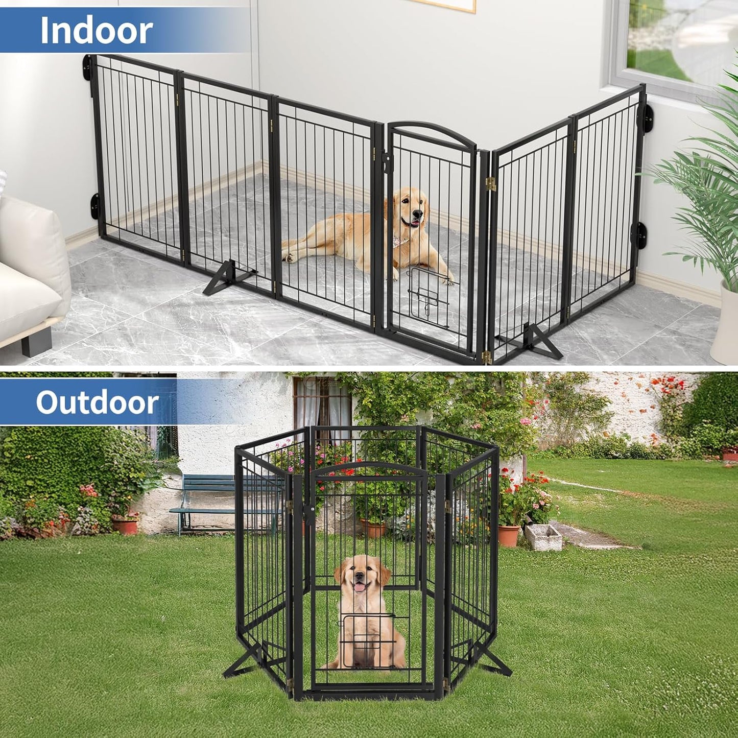 Full Metal Freestanding Dog Gate with Cat Door for Indoor & Outdoor,36" Tall Foldable Dog Fence,80" Extra Wide Free Standing Pet Gate for Large Openings,Stairs,Deck,Yard,Doorways(Black)