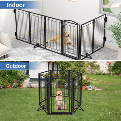 Full Metal Freestanding Dog Gate with Cat Door for Indoor & Outdoor,36" Tall Foldable Dog Fence,80" Extra Wide Free Standing Pet Gate for Large Openings,Stairs,Deck,Yard,Doorways(Black)