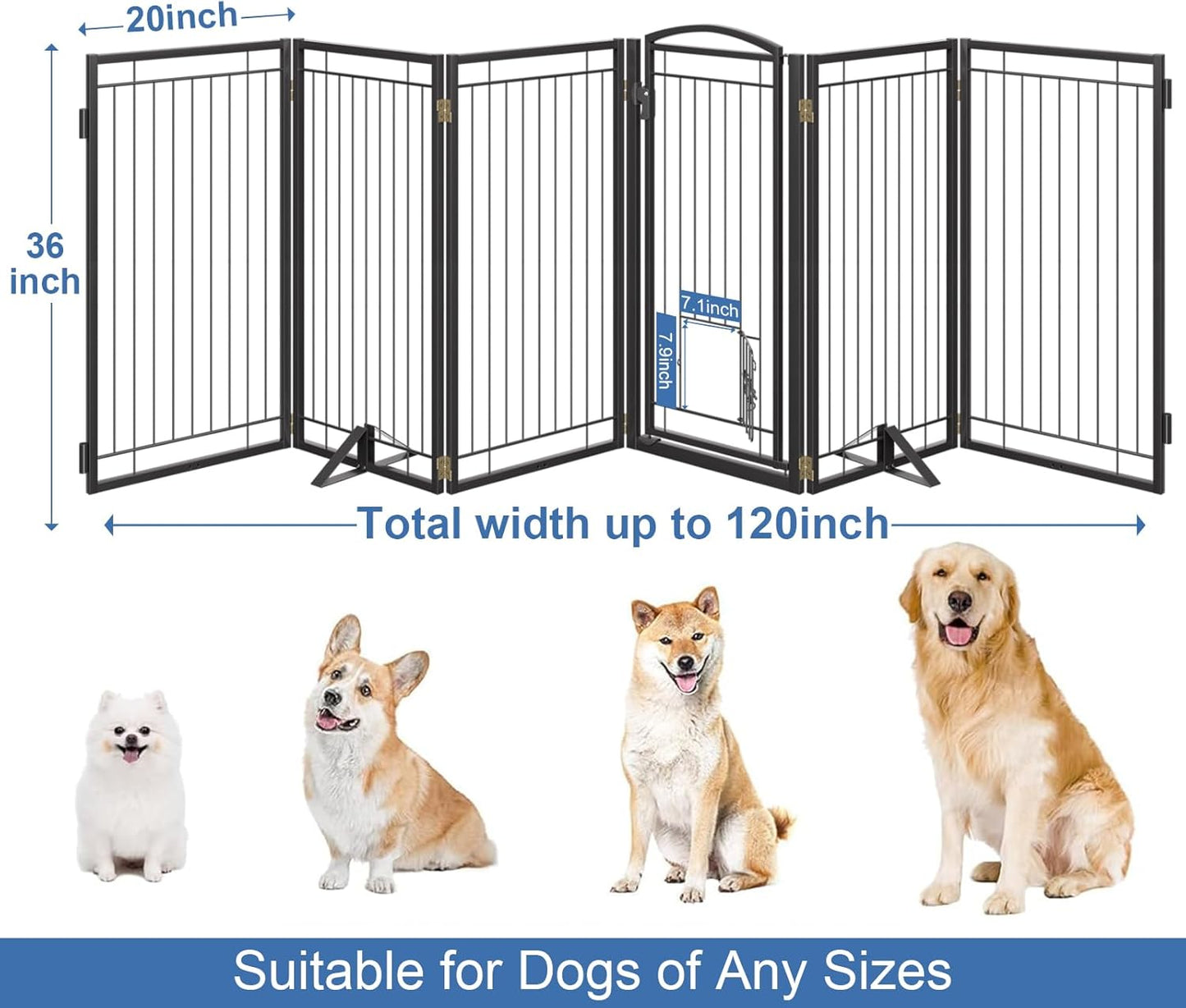 Full Metal Freestanding Dog Gate with Cat Door for Indoor & Outdoor,36" Tall Foldable Dog Fence,80" Extra Wide Free Standing Pet Gate for Large Openings,Stairs,Deck,Yard,Doorways(Black)