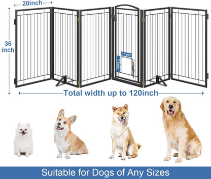 Full Metal Freestanding Dog Gate with Cat Door for Indoor & Outdoor,36" Tall Foldable Dog Fence,80" Extra Wide Free Standing Pet Gate for Large Openings,Stairs,Deck,Yard,Doorways(Black)