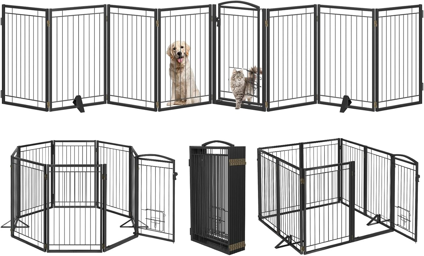 Full Metal Freestanding Dog Gate with Cat Door for Indoor & Outdoor,36" Tall Foldable Dog Fence,80" Extra Wide Free Standing Pet Gate for Large Openings,Stairs,Deck,Yard,Doorways(Black)