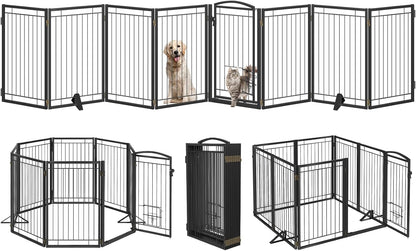 Full Metal Freestanding Dog Gate with Cat Door for Indoor & Outdoor,36" Tall Foldable Dog Fence,80" Extra Wide Free Standing Pet Gate for Large Openings,Stairs,Deck,Yard,Doorways(Black)
