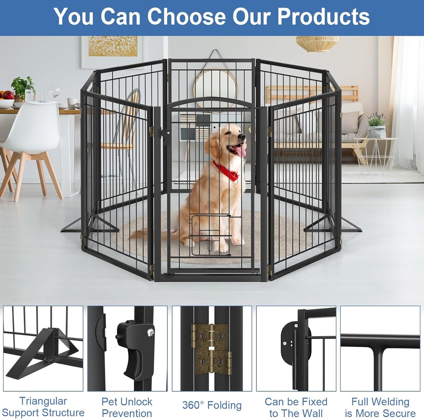 Full Metal Freestanding Dog Gate with Cat Door for Indoor & Outdoor,36" Tall Foldable Dog Fence,80" Extra Wide Free Standing Pet Gate for Large Openings,Stairs,Deck,Yard,Doorways(Black)