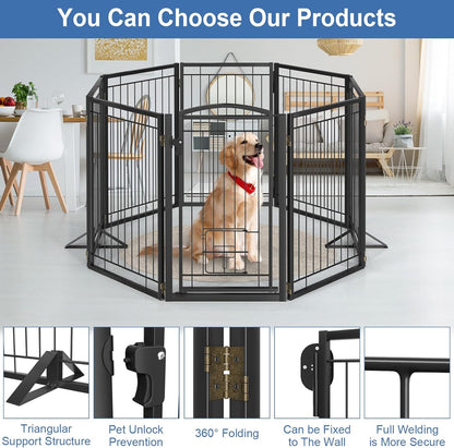 Full Metal Freestanding Dog Gate with Cat Door for Indoor & Outdoor,36" Tall Foldable Dog Fence,80" Extra Wide Free Standing Pet Gate for Large Openings,Stairs,Deck,Yard,Doorways(Black)