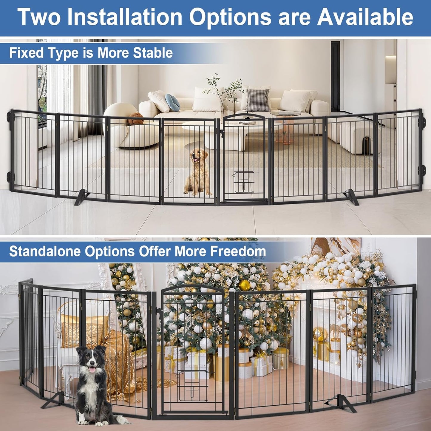 Full Metal Freestanding Dog Gate with Cat Door for Indoor & Outdoor,36" Tall Foldable Dog Fence,80" Extra Wide Free Standing Pet Gate for Large Openings,Stairs,Deck,Yard,Doorways(Black)