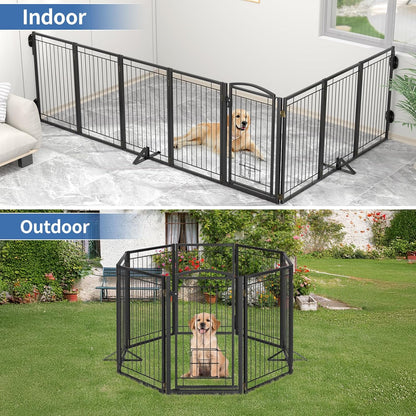 Full Metal Freestanding Dog Gate with Cat Door for Indoor & Outdoor,36" Tall Foldable Dog Fence,80" Extra Wide Free Standing Pet Gate for Large Openings,Stairs,Deck,Yard,Doorways(Black)