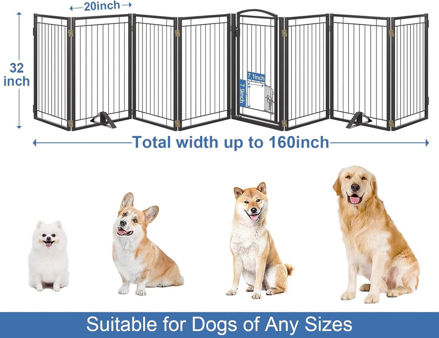 Full Metal Freestanding Dog Gate with Cat Door for Indoor & Outdoor,36" Tall Foldable Dog Fence,80" Extra Wide Free Standing Pet Gate for Large Openings,Stairs,Deck,Yard,Doorways(Black)