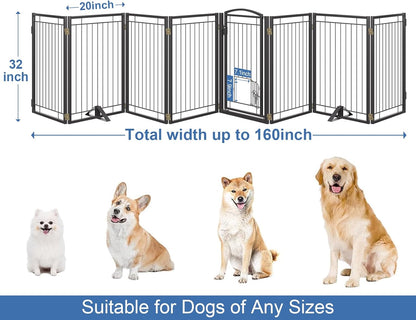 Full Metal Freestanding Dog Gate with Cat Door for Indoor & Outdoor,36" Tall Foldable Dog Fence,80" Extra Wide Free Standing Pet Gate for Large Openings,Stairs,Deck,Yard,Doorways(Black)